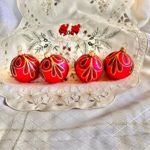 Vintage Red and Gold Glitter Christmas Ball Ornaments. Glass Holiday Ornaments